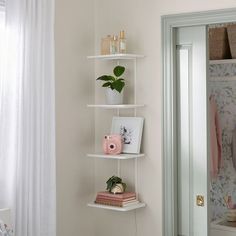 a white shelf filled with books and pictures