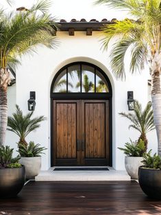 the entrance to a house with two large planters and palm trees in front of it