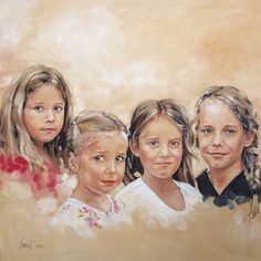 an oil painting of three girls with blonde hair and blue eyes looking at the camera