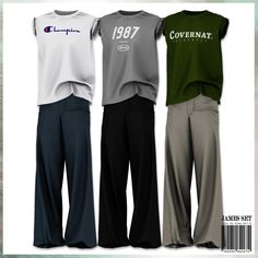 three men's baseball uniforms with the same number on each shirt and pants, all in different colors