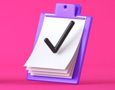 a purple clipboard with a check mark on it next to a black pen and pink background