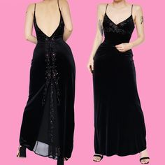 🌹Beautiful black velvet stretch evening dress with a low back, pink floral beaded detailing, a sheer chiffon cut out trail & a zip up the side UK 10 & UK 14🌹 Condition: No marks or faults ✔️ Label: Flori Length: Maxi (floor length on 5'8 model)  Size:  UK 10 (W28, B34 & H40 inches - very stretchy fabric) UK 14 (W31, B37 & H44 inches - very stretchy fabric)  Model height: 5'8 Model size: UK 10 🌹any questions please do not hesitate to ask🌹 🌹These are vintage items so are in a used condition a Formal Dresses Uk, Gothic Gowns, 90s Prom Dress, 90s Prom, Evening Dresses Uk, Prom Dress Black, Velvet Evening Dress, Black 90s, Prom Dress Inspo