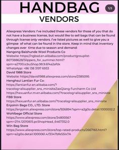 a pink and black poster with the words handbag vendors written in gold on it