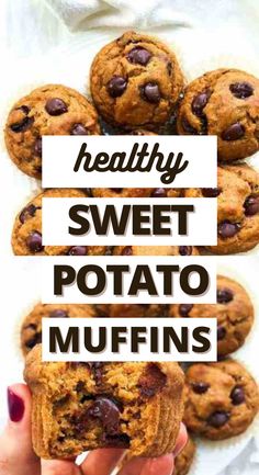 healthy sweet potato muffins with chocolate chips on top and text overlay reading healthy sweet potato muffins