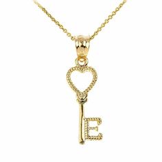 14k Solid Gold Open Love Heart Key Letter E Pendant Necklace Valentine's Item No.: M029 Metal Type: 14k Solid Gold (Also Available In 10k Solid Gold), Metal Color: Yellow Gold. Or White Gold Or Rose Gold Pendant Only Weight: 1.2 Grams Pendant W/Chain Weight: 2.2 - 2.4 Grams (Vary From Chain) Height W/Bail: 1.02" In. Width: 0.29" In. Chain Is In 16", 18", 20", 22" Brand New. Made In Usa. Please Allow 5-7 Days To Be Shipped. Letter E Necklace, Gold Open Heart Necklace, E Necklace, Cross Necklace Sideways, Shine Jewelry, Open Heart Necklace, Key Pendant Necklace, Heart Key, Gold Plated Bangles