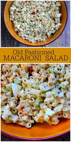 old fashioned macaroni salad in an orange bowl with the words old fashioned macaroni salad