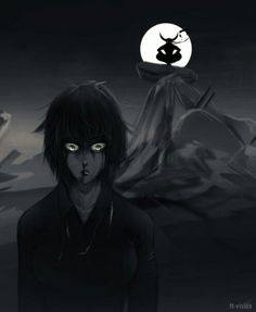 a woman with green eyes standing in front of a full moon and black cat on her head