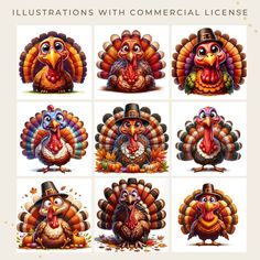 a bunch of turkeys that are in different positions and colors, with the words illustrations with commercial license