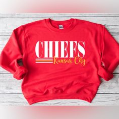 Handmade To Order Chiefs Striped Crewneck. Made With Cricut Machine And Htv. Available In Sizes S-2x. Crewneck Is Gildan Style 1800. Perfect For Supporting Your Team This Season! Diy Chiefs Shirts, Chiefs Shirt Ideas, Chiefs Shirt, Chiefs Shirts, Striped Crewneck, Cricut Machine, Couple Poses, School Shirts, Kansas City Chiefs