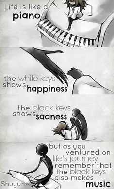 the words are written in black and white with an image of a person playing piano