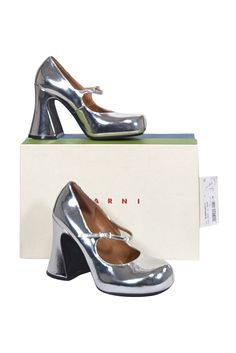 Current Boutique-Marni - Silver Metallic Front Strap Mary Jane Heels Sz 9 Marni Shoes, Strappy Pumps, On The Dance Floor, Mary Jane Heels, Disco Party, The Dance, Dance Floor, Chunky Heel, Chunky Heels