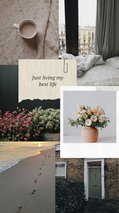 a collage of photos with flowers and a cup of coffee on the table next to it