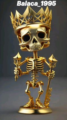 a golden skeleton with a crown on it's head