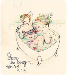 a drawing of a woman in a bathtub with flowers on her head and the words save the body you're in