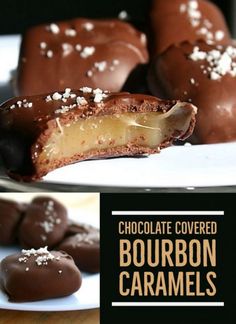 chocolate covered bourbon caramels on a white plate with text overlay that reads, chocolate covered bourbon caramels