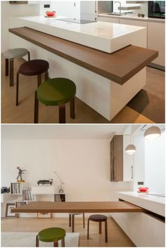 two different views of a kitchen island with stools and counter tops in various colors