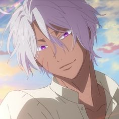 an anime character with white hair and purple eyes looks at the camera in front of a cloudy sky