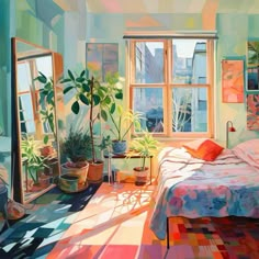 a painting of a bedroom with potted plants in the window sill and a bed