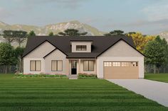 a rendering of a house in the middle of a field with mountains in the background