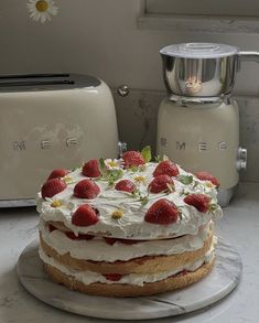 a cake sitting on top of a white plate next to a toaster and blender