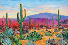 a painting of cactus plants in the desert