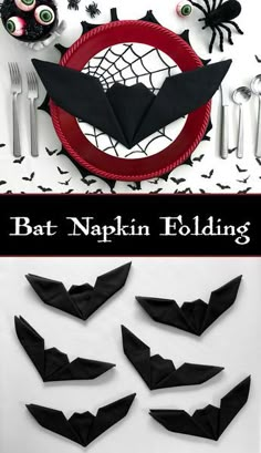 bats and spider webs are on the table for this halloween themed napkin folding craft