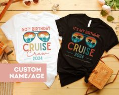 These matching Cruise Shirts can be customized for your next event on the high seas! 🦨 --- ABOUT THIS ITEM --- ✦ 100% super soft cotton (fiber content may vary for different colors) ✦ Lightweight fabric ✦ Popular choice! ✦ T-shirts are Bella+Canvas, baby bodysuit is Rabbit Skins brand - please see size charts for details!   🦨 --- SIZING --- ✦ Please consult the size charts before purchase to ensure a great fit for everyone! ✦ This shirt is a true-to-size UNISEX tee ✦ For that "oversized" look, 60th Birthday Cruise Shirts, 50th Birthday Cruise Shirts, Birthday Cruise Ideas, Birthday Cruise Shirts, 50th Birthday Cruise, Matching Cruise Shirts, Birthday Cruise, Cruise Party, Cruise Ideas