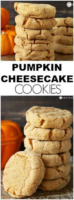 pumpkin cheesecake cookies are stacked on top of each other with the words, pumpkin cheesecake cookies