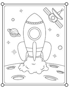 a black and white drawing of a rocket ship flying through space with planets in the background