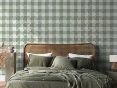 Cassidy Green Bedroom and Bed Kids Bedroom Wallpaper, Charming Aesthetic, Wallpaper Textured, Dining Room Wallpaper, Plaid Wallpaper, Classic Wallpaper, Green Gingham, Stripes Wallpaper, Tropical Wallpaper