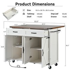 an image of a white kitchen island with drawers and shelves on the bottom, labeled product dimensionss