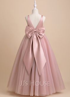 Ball-Gown/Princess V-Neck Floor-Length Satin/Tulle Flower Girl Dress (010236814) - JJ's House Blue Princess Dress, Kids Christmas Dress, Princess Flower, Ball Gowns Princess, Bridesmaid Pearls, Tulle Flower Girl, Girls Christmas Dresses, Flower Girl Dresses Tulle