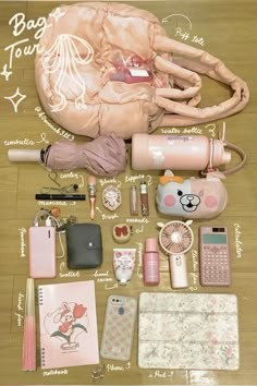 The contents of my current school bag! ✨ Cute Bag Essentials, Makeup Bag Essentials School, Whats In My School Bag Coquette, School Handbags Essentials, Essential Bag Items, What's In My School Bag Aesthetic, Coquette Whats In My Bag, Mom Friend Bag Essentials, High School Bag Essentials