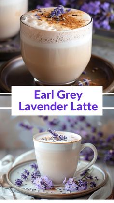 two cups of lavender latte on plates with the words, eat grey lavender latte