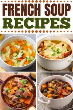 french soup recipe collage with four different pictures and text overlaying the image