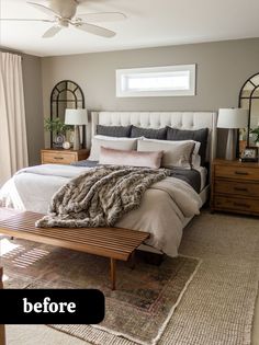 a bedroom with a bed, dressers and mirror in it's center area