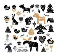 an assortment of black and gold christmas decorations on a white background with trees, birds, hearts