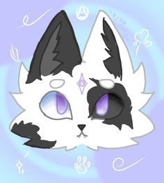 a black and white cat's face with purple eyes on a light blue background