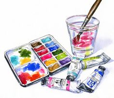 an artist's watercolor and acrylic paint set on a white background