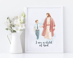 a watercolor painting of a man and woman holding hands with the words, i am a child of god