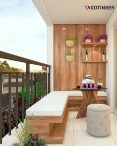 the balcony is decorated with potted plants and wooden shelves, along with a bench that seats two people