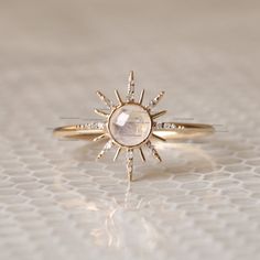 Gorgeous Moonstone Sun Design Ring, SI Clarity Diamond Starburst Ring, 14K Gold Diamond Ring , Moonstone Ring, Dainty Wedding Ring, Engagement Ring, Petite Ring For Her, Fine Handmade Beautiful Jewelry. Product info: Item Code - 1356 14k solid gold natural diamond - white diamond white diamonds, I color, SI clarity Gemstone : Moonstone  Ring Size 7 Item will be resized and shipped within 10 days. ITEM Will BE SHIPPED : India Speed Post To get the item in 4-5 days, we can also ship it thru DHL ex Sun Ring Engagement, Engagement Rings Sun, Sun Ring Gold, Sun Wedding Ring, Sun Engagement Ring, Moonstone Engagement Rings, Engagement Ring Moonstone, Rings With Gemstones, Carcase Iphone