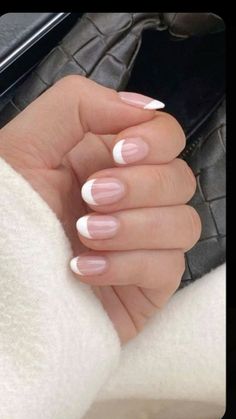 Classy Nails Oval Shape, Nails Inspo For Hoco, Rounded Nail French Tip, Small Acrylic Nails French Tip, Nail Ideas For Nail Biters, Rounded White Tip Nails, White Gel Tips Nails, French Tips On Real Nails, French Tip Natural Nails Short Almond