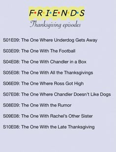 the friends thanksgiving episode is shown in black and white, with text overlaying it