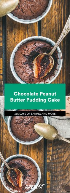 chocolate peanut butter pudding cake on a wooden table with spoons next to it and the title overlay reads, chocolate peanut butter pudding cake