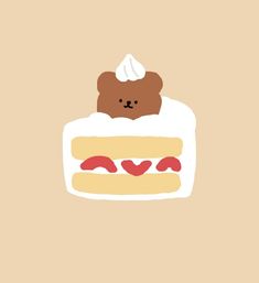 a brown teddy bear sitting on top of a piece of cake with cream and hearts