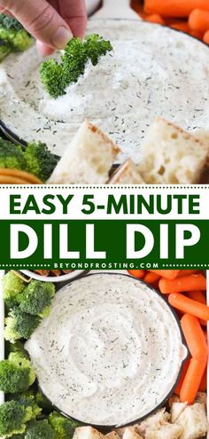 This easy appetizer recipe is ready in just 5 minutes! It's also a great snack idea. Cool and creamy, this Dill Dip is perfect with garden fresh veggies, chips, pretzels, and more. Enjoy this savory dip in a bread bowl! Easy Dill Dip, Thanksgiving Dip, Dill Dip Recipe, Bread Dips Recipes, Bread Bowl Dip, Easy Homemade Snacks, Bread Bowl Recipe, Dill Dip