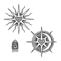 two sun and heart tattoos on white paper