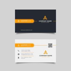 two sided business card with orange and black trimmings on the front, one side and