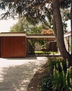 a house that has a driveway and trees in front of it